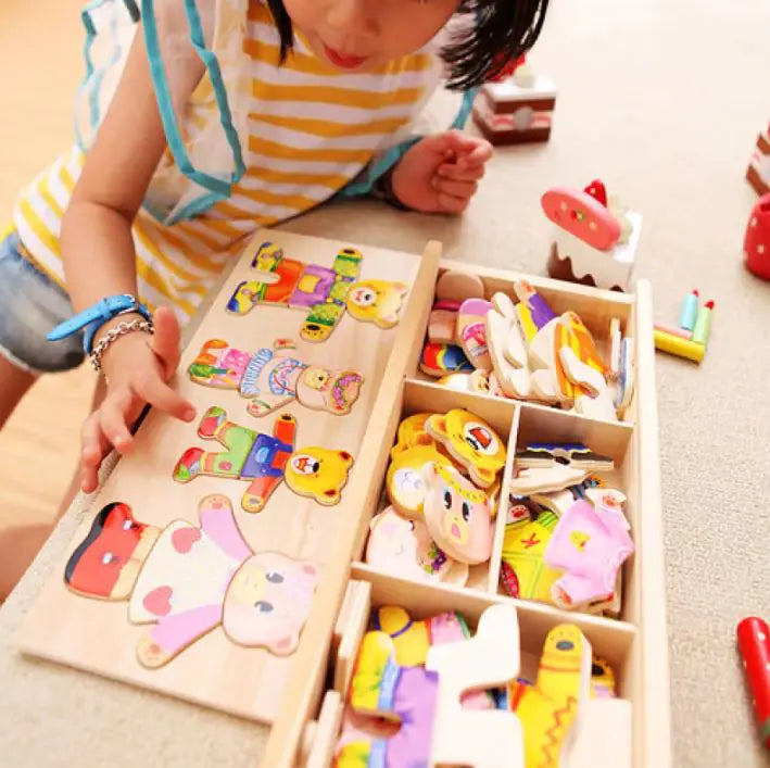 Wooden Rabbits Puzzle Set with Changing Clothes