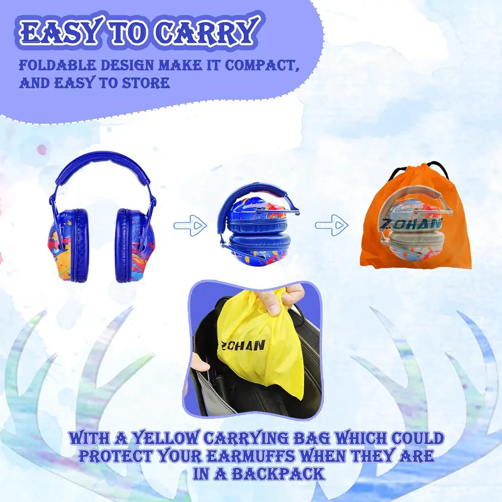 ZOHAN Kid Noise Reduction Earmuffs with a foldable design and yellow carrying bag for easy storage and portability.