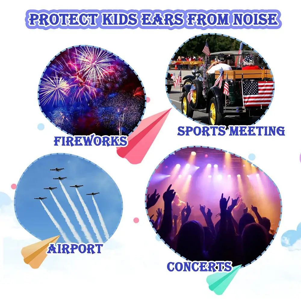 Illustration highlighting noise sources like fireworks, sports, airport, and concerts, emphasizing kid ear protection.