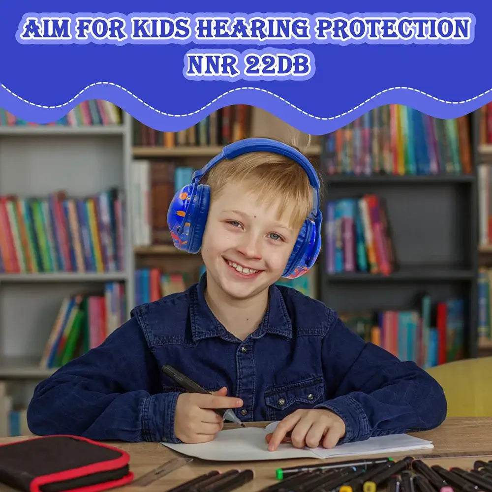 Child wearing ZOHAN Kid Noise Reduction Earmuff for hearing protection while drawing, with 22dB noise reduction.